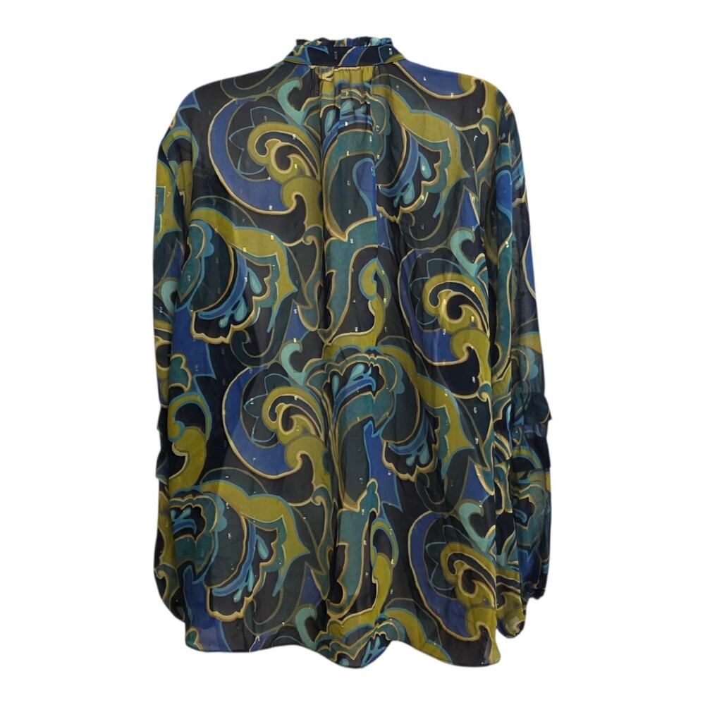 Chico’s Abstract Print Sheer Blouse Blue Green Yellow Ruffle Neck Metal Size L - Picture 3 of 8